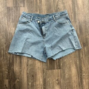 90s Light Blue‎ Distressed Jean Shorts Asymmetric Front Zipper XL